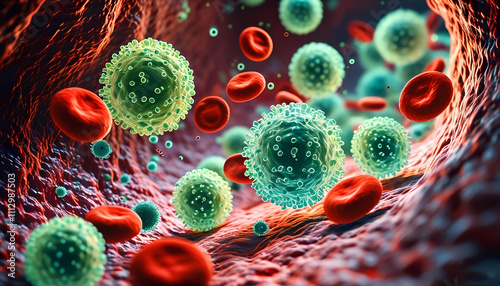 Lymphocytes moving through the bloodstream. Textured cells as light green spheres floating among red blood cells. Warm lighting, realistic blood flow effect, inside view of a capillary