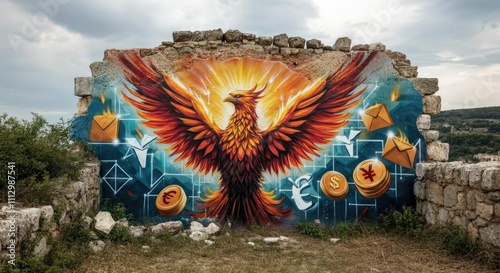 Colorful mural of phoenix with symbols on old stone wall photo