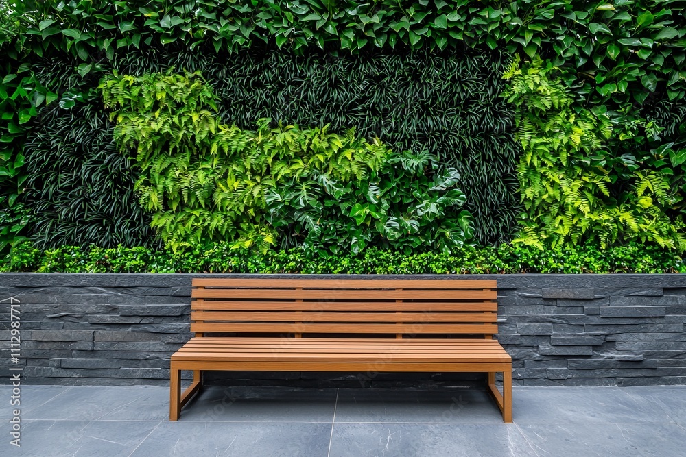 Modern Backyard Escape Featuring Textured Stone Wall and Lush Greenery with a Wooden Bench for a Relaxing Outdoor Retreat Modern Backyard Escape Featuring Textured Stone Wall and Lush Greenery with a Wooden Bench for a Relaxing Outdoor Retreat