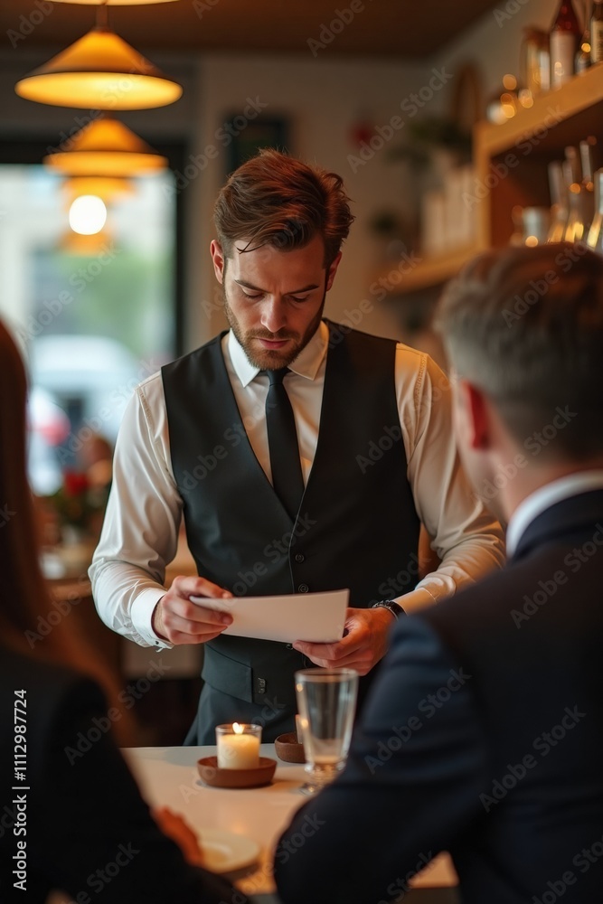 Smiling Professional Barista or Waiter Holding Digital Tablet in a Modern Café Setting with Warm Lighting and Cozy Ambiance for Customer Service and Hospitality Smiling Professional Barista or Waiter Holding Digital Tablet in a Modern Café Setting with Warm Lighting and Cozy Ambiance for Customer Service and Hospitality