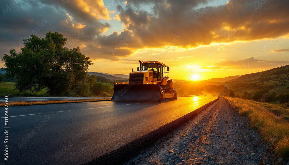 Fototapeta premium A vibrant road construction scene at sunset, with an orange vehicle paving a new road.