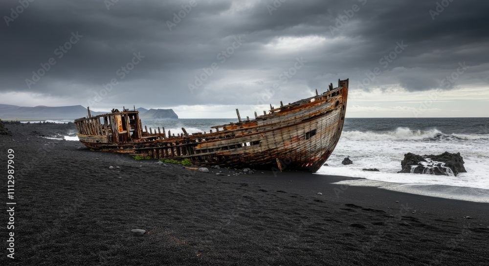 Rusted shipwreck on black sand beach under stormy sky Rusted shipwreck on black sand beach under stormy sky