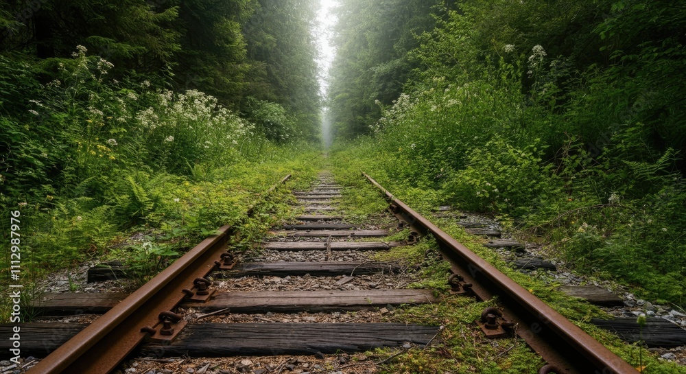 Overgrown railroad tracks leading into dense forest Overgrown railroad tracks leading into dense forest