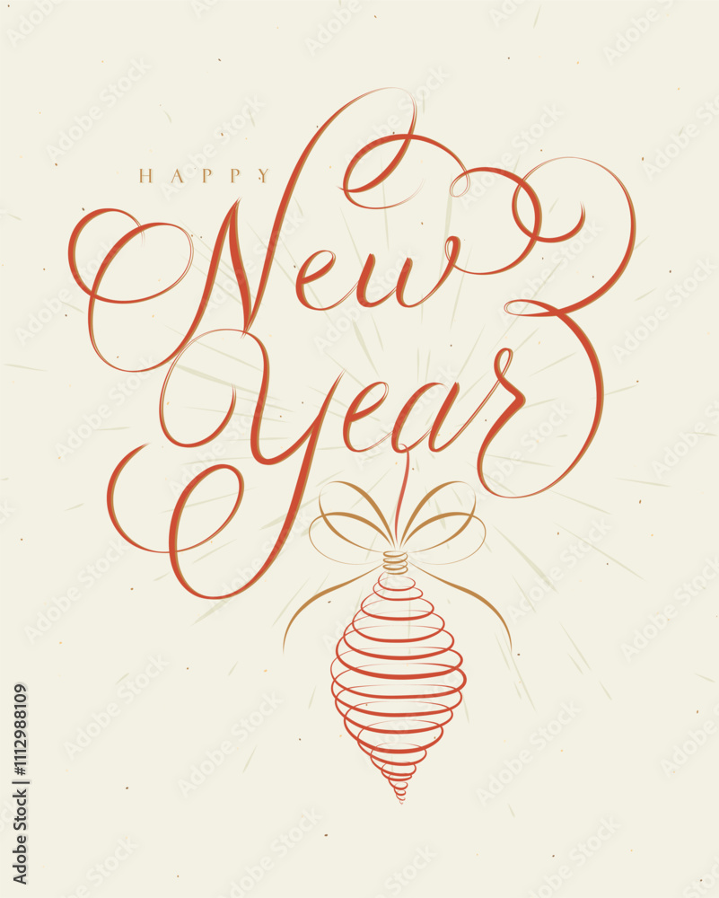 Poster Merry Christmas with lettering and red tree toy drawing on beige background.