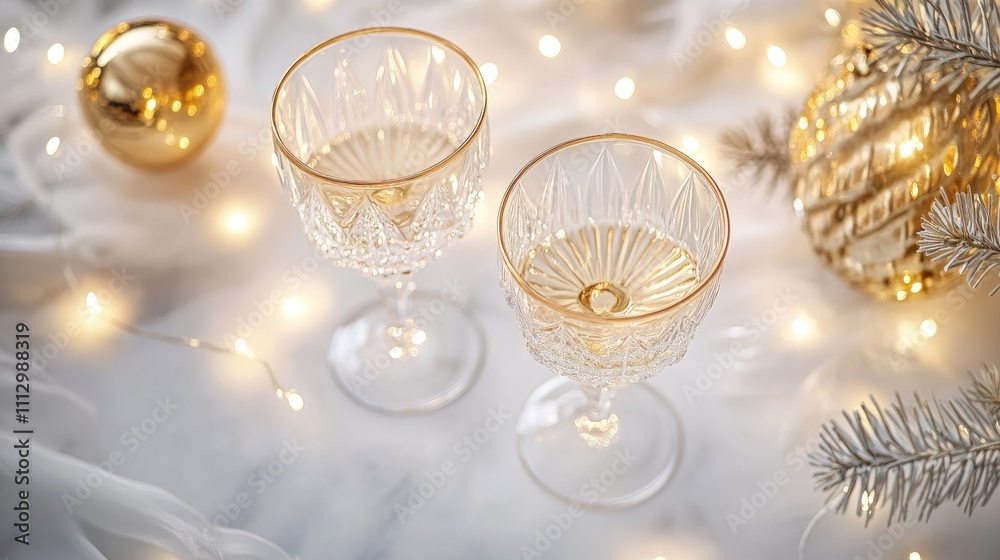 New Year's Eve champagne glasses filled with bright festive holiday lights New Year's Eve champagne glasses filled with bright festive holiday lights