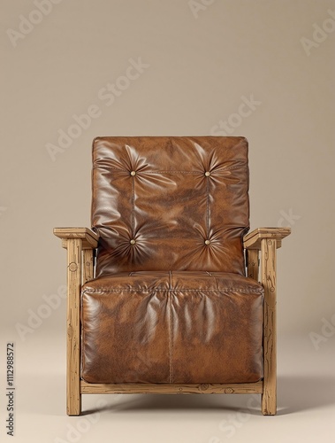 Leather recliner with worn brown leather and wooden frame , cozy atmosphere, leather sofa, comfortable chair, warm tones, rich colors