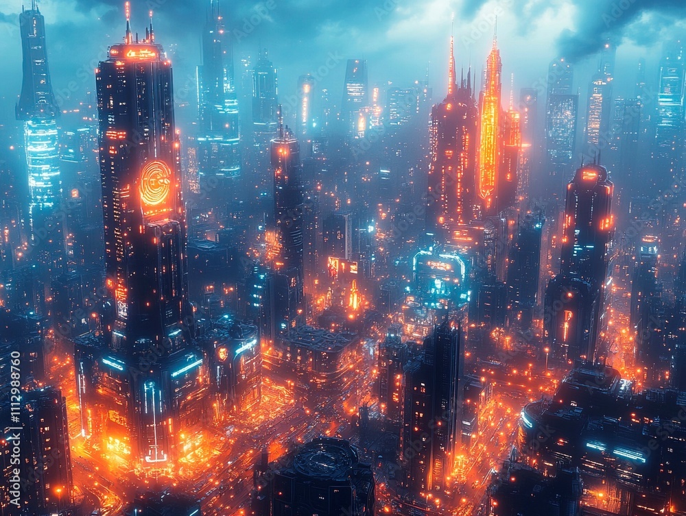 Fototapeta premium A nighttime view of a futuristic cityscape, featuring tall skyscrapers, twinkling windows, neon lights, contrasting green trees, construction sites, and an overall blend of architecture and nature