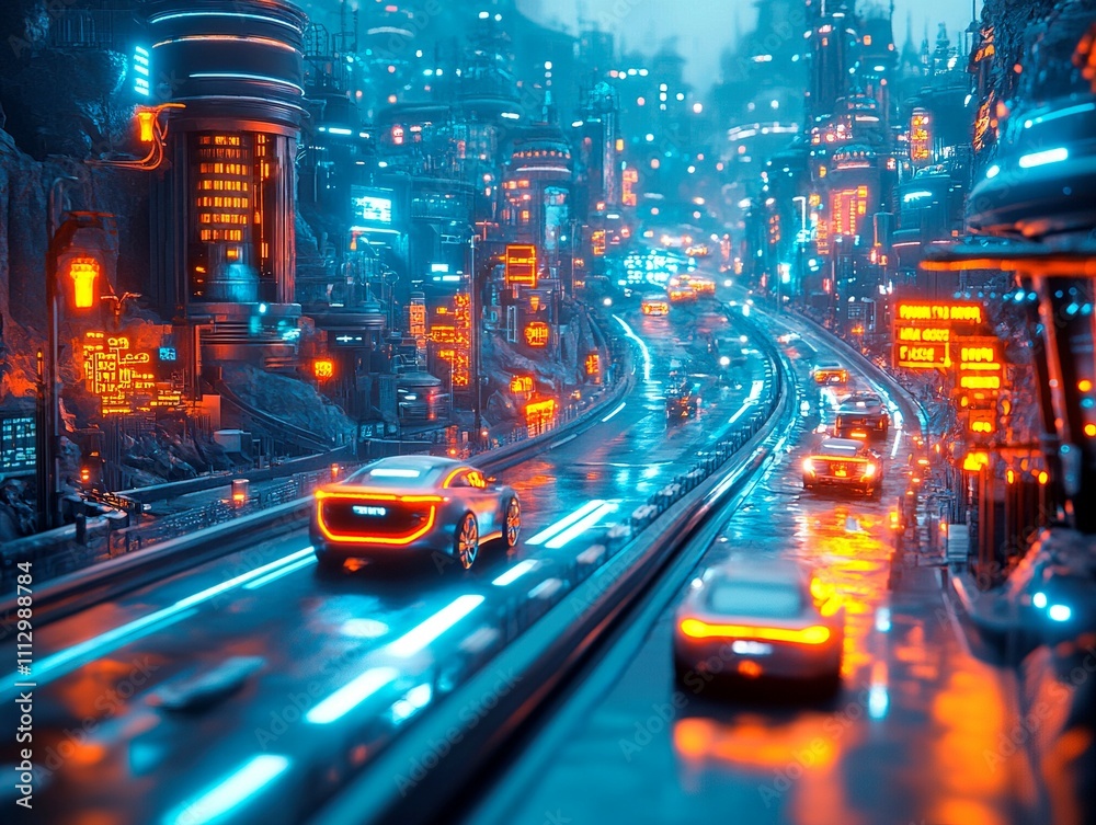 Obraz premium A nighttime futuristic cityscape, bathed in neon blue and orange lights, with wet streets and falling rain The architecture has a retro-futuristic design, with high-speed traffic and science fiction