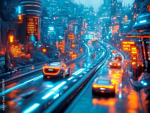 A nighttime futuristic cityscape, bathed in neon blue and orange lights, with wet streets and falling rain The architecture has a retro-futuristic design, with high-speed traffic and science fiction