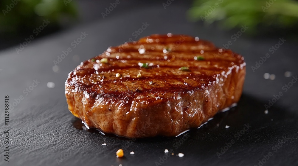 A perfectly grilled steak on a dark surface, showcasing its juicy texture and grill marks. A perfectly grilled steak on a dark surface, showcasing its juicy texture and grill marks.
