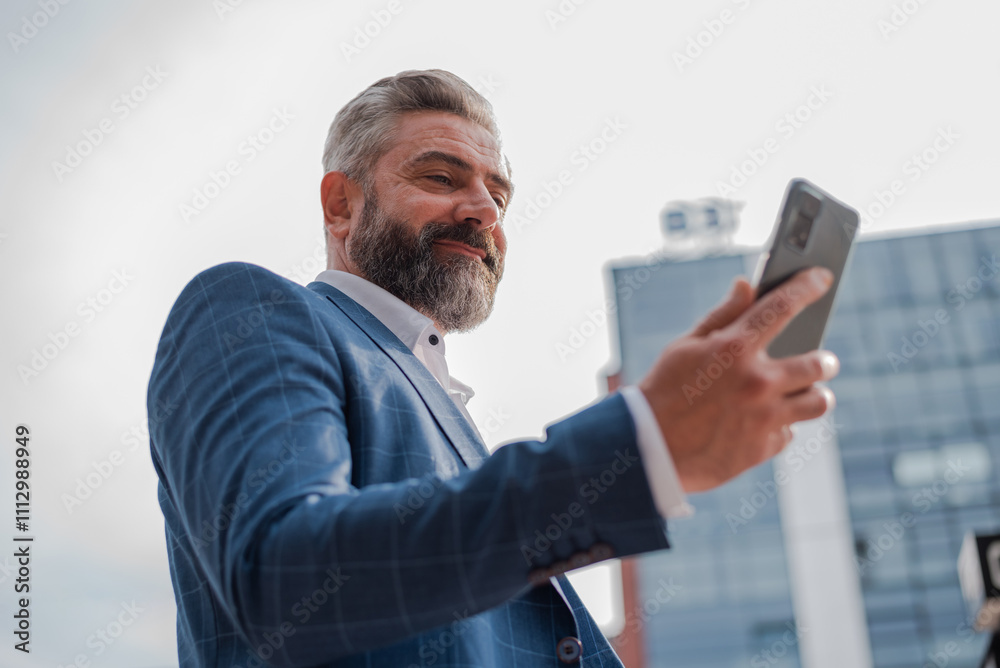 A happy mature business man using a mobile phone outside with urban buildings in the background A happy mature business man using a mobile phone outside with urban buildings in the background