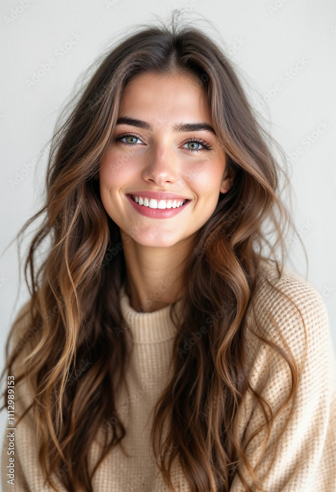 Fototapeta premium Young beautiful woman with long wavy brown hair, smiling in beige sweater on white background.