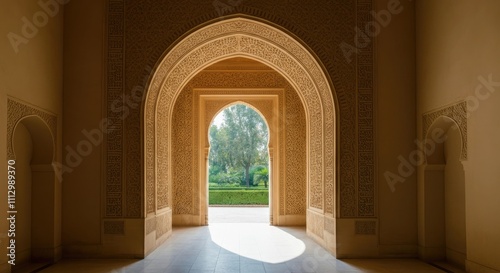 Ornate archway leading to lush garden in historic building