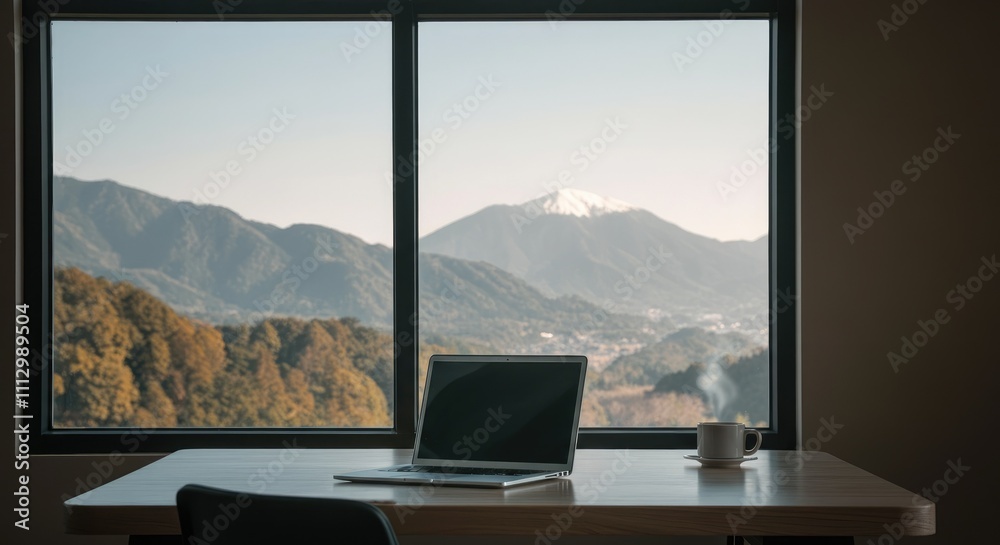 Fototapeta premium Laptop and coffee cup on desk with window view of snow-capped mountains trees