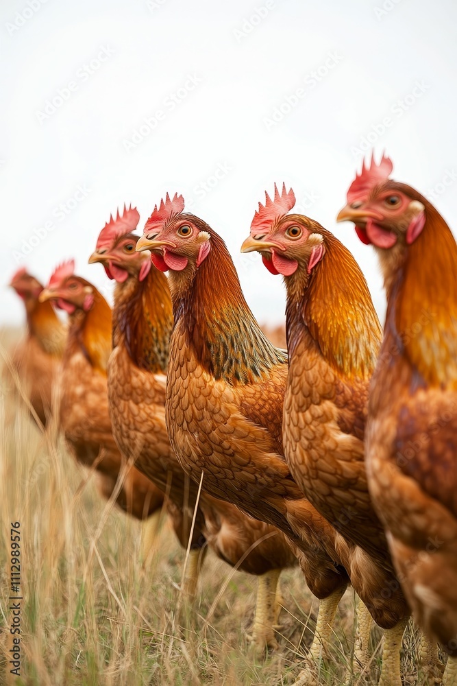 Fototapeta premium Brown hens stand in grassy field.