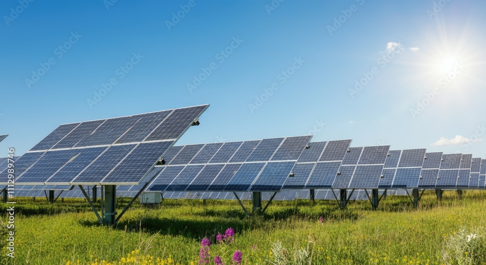 Solar panels in sunny field generating clean energy Solar panels in sunny field generating clean energy