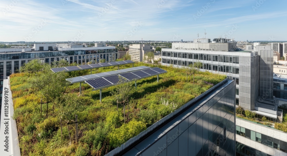 Urban building rooftop garden with solar panels under clear sky Urban building rooftop garden with solar panels under clear sky
