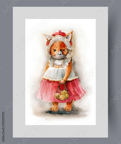 Plush fox toy holding shopping bag, dressed in retro clothes on wall art. Watercolor artwork. Print with doll toy in shape of fox from children collection, in frame with decor for poster