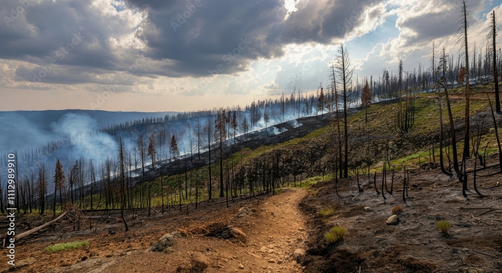 Burnt forest landscape with smoke rising under cloudy sky Burnt forest landscape with smoke rising under cloudy sky