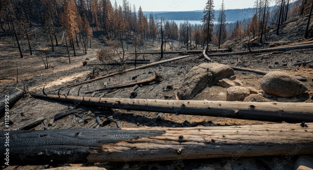 Charred forest landscape after wildfire, with fallen trees, bare soil, and distant lake Charred forest landscape after wildfire, with fallen trees, bare soil, and distant lake