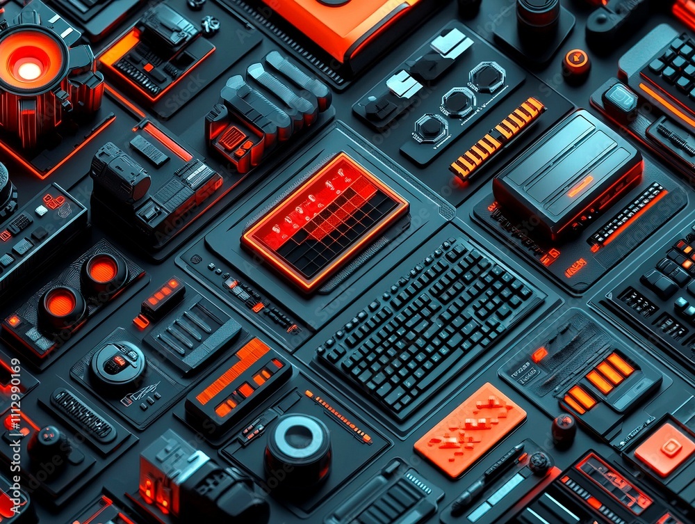 A complex machinery network with glowing accents, dominated by a dark-colored structure containing buttons, levers, and screens The machine is in motion from the perspective of above A complex machinery network with glowing accents, dominated by a dark-colored structure containing buttons, levers, and screens The machine is in motion from the perspective of above