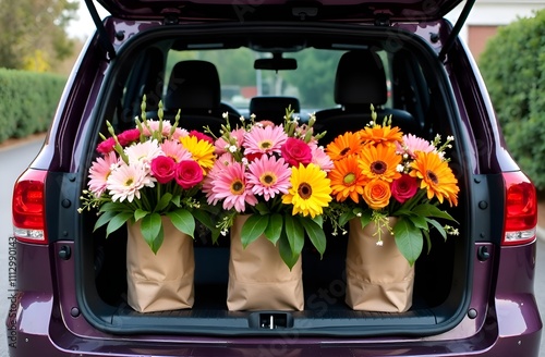 Bouquets of flowers in open car. Flower delivery. Flower shop.