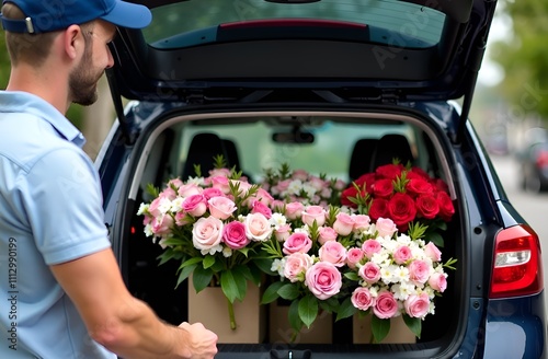 Man courier with bouquets of flowers. Flower delivery. Valentines day.