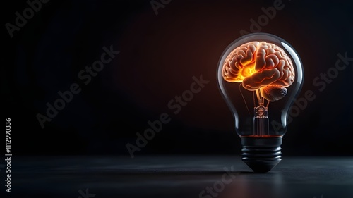  a light bulb with human brain inside against a pure dark background, ai brain or technology concept, large space for copy

