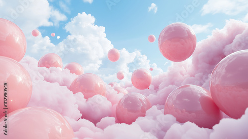 Surreal Floating Pink Spheres Amid Fluffy Clouds