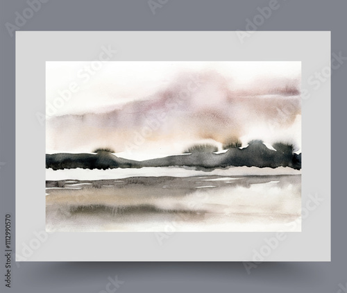 Ecological wall art with natural landscape with seashore or beach on shore of warm ocean. Ecological poster with autumn scenery with hills on coast and rare trees under gray cloudy sky. Artwork, print