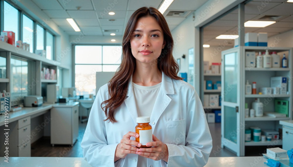 Pharmacist holding a medicine bottle in a laboratory