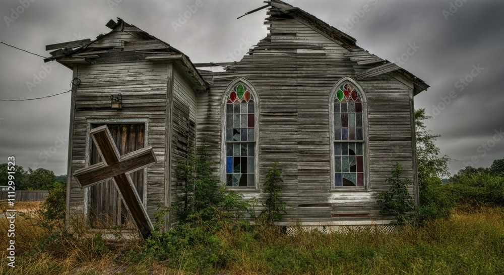 Abandoned wooden church with broken windows under cloudy sky Abandoned wooden church with broken windows under cloudy sky