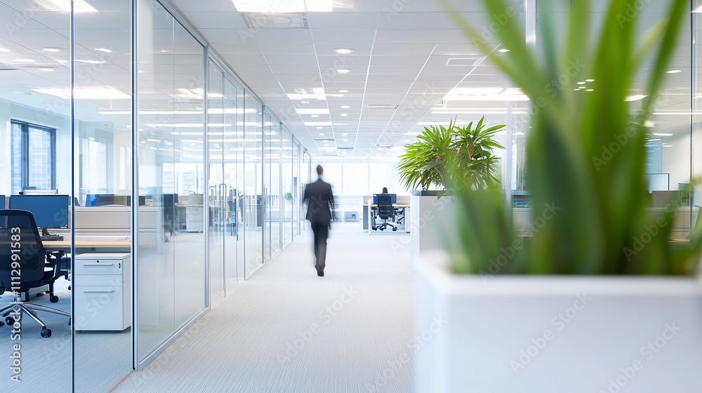 Fototapeta premium Modern Corporate Workspace with Blurred Employees Moving