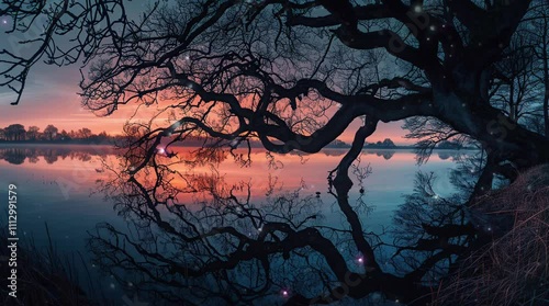 Serene sunset over a tranquil lake with a lone dead tree, peaceful and atmospheric nature scene  
Seamless looping 4k time-lapse virtual video animation Generated AI