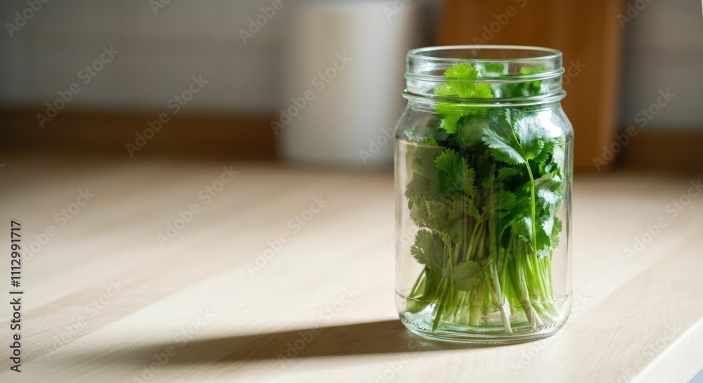 Fresh cilantro in glass jar on kitchen countertop with morning light Fresh cilantro in glass jar on kitchen countertop with morning light