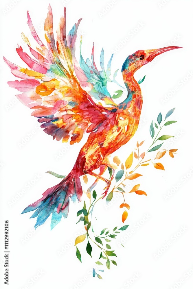 Obraz premium Colorful bird watercolor painting, foliage.