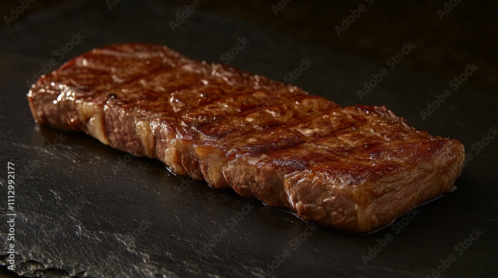 A perfectly grilled steak presented on a dark slate board. A perfectly grilled steak presented on a dark slate board.