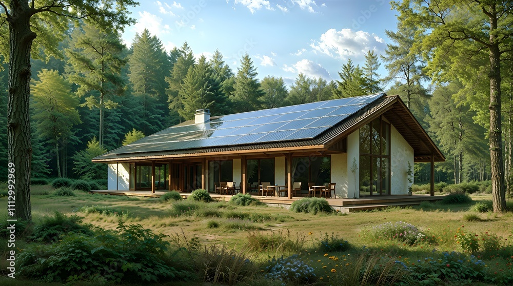 Modern wooden cabin with sunroof in a green mountainous landscape Modern wooden cabin with sunroof in a green mountainous landscape
