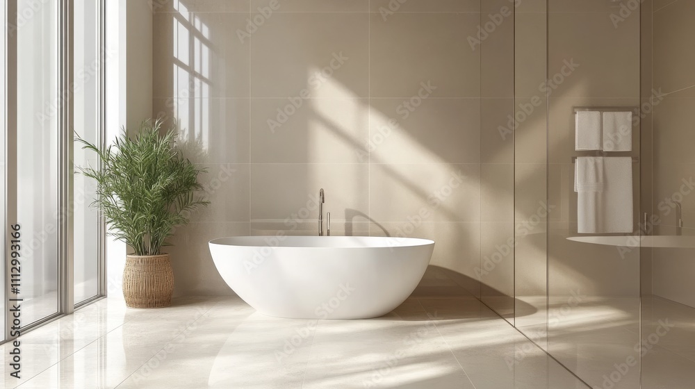 Bathroom with a glass shower, bathtub, light beige tiles, and white accents. Bathroom with a glass shower, bathtub, light beige tiles, and white accents.