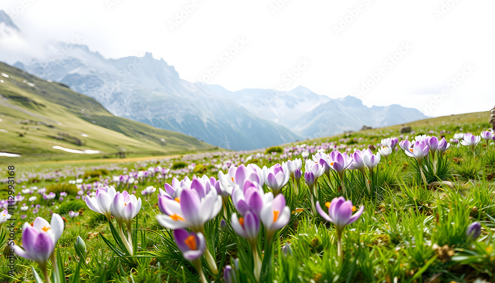 Alpine pastures are covered magic crocus flowers on spring High Tatras mountains isolated with white highlights, png Alpine pastures are covered magic crocus flowers on spring High Tatras mountains isolated with white highlights, png