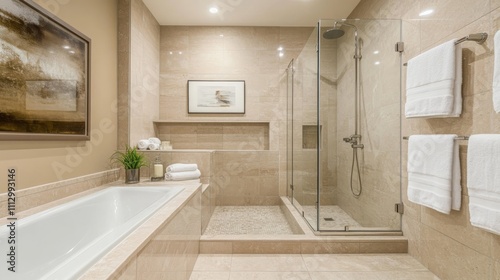 Bathroom with a glass shower, bathtub, light beige tiles, and white accents. 