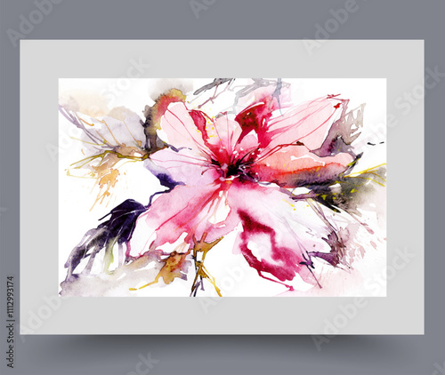 Floral plant on abstract watercolor poster with bright flower with large pink petals. Floral composition with wildflower for design of literature about flora and plant growing or botany. Print, decor