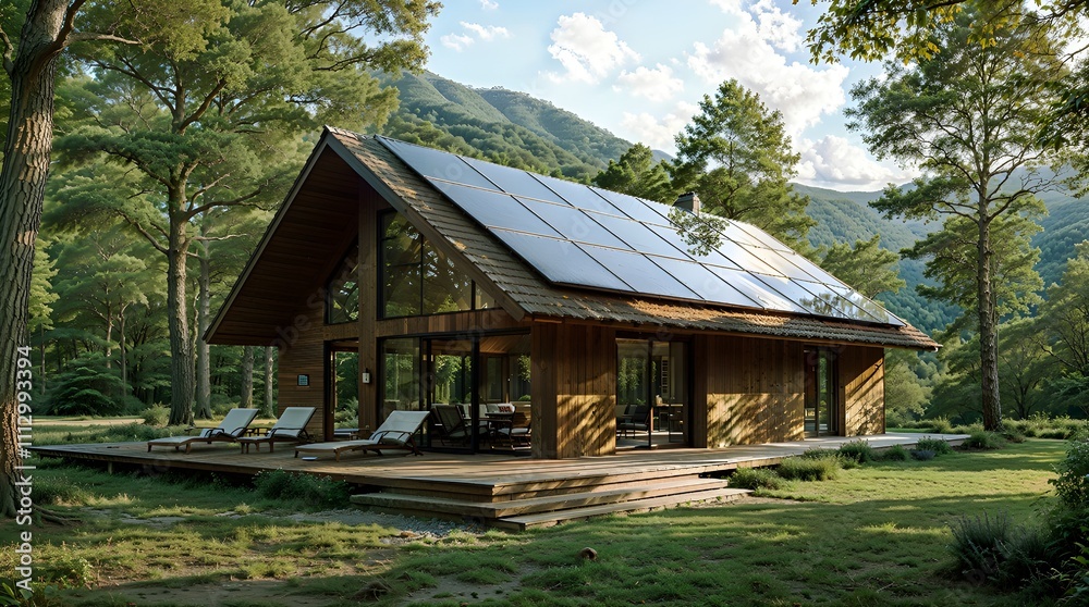 Modern wooden cabin with sunroof in a green mountainous landscape Modern wooden cabin with sunroof in a green mountainous landscape