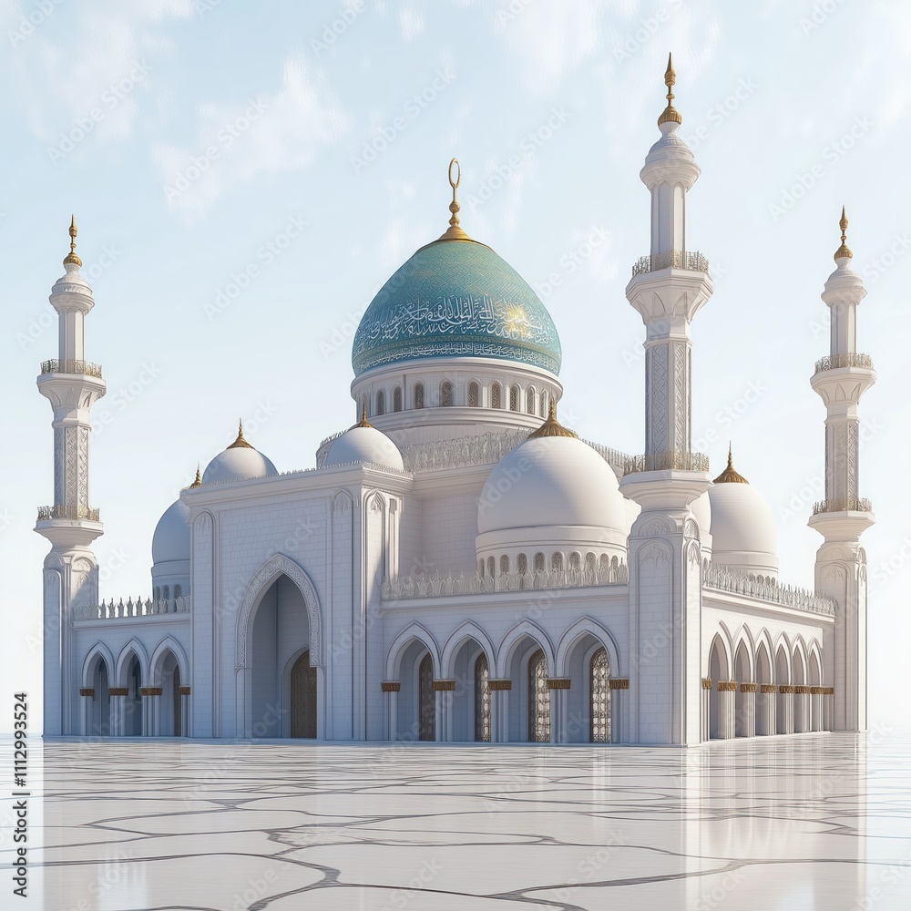 Obraz premium White modern mosque exterior architecture. Islamic design. Large building with domes and minarets. Impressive architectural style. Design details. Elegant appearance. 3D model.