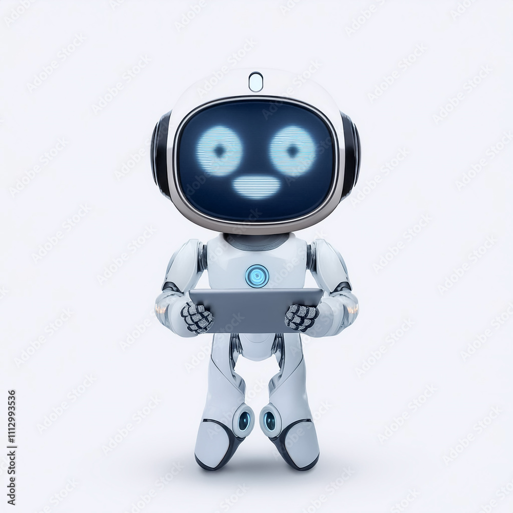 Cute AI robot using tablet while standing facing camera Cute AI robot using tablet while standing facing camera