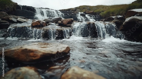 A rocky riverbed with small waterfalls cascading over stones, viewed from a low perspective for an immersive experience. photo