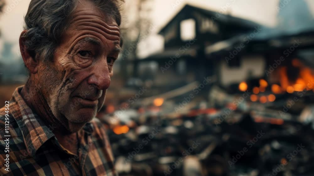 A man surveys the damage after a fire. AI.