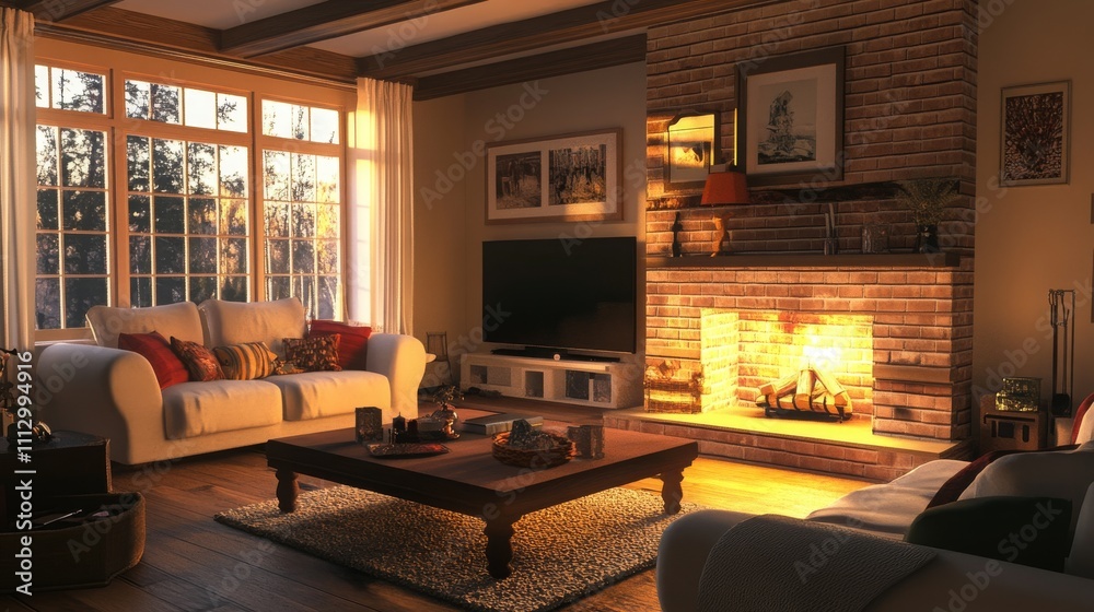 Fototapeta premium Cozy living room featuring a fireplace as the focal point.