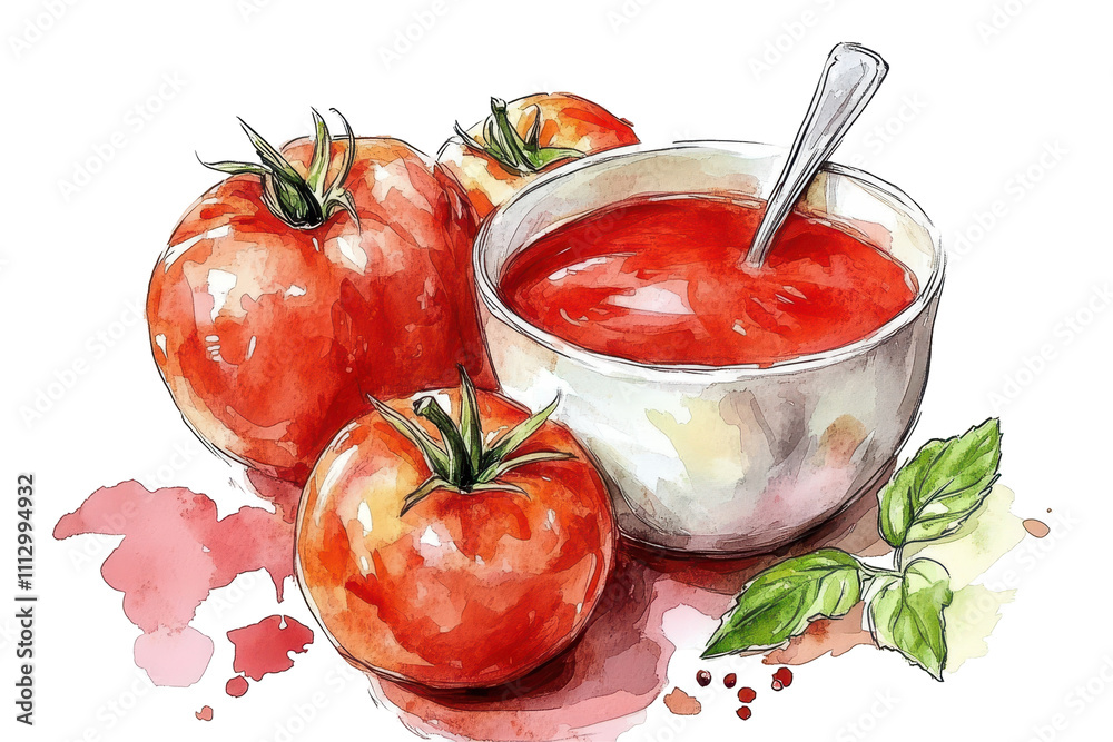 watercolor painting of red tomato soup watercolor painting of red tomato soup