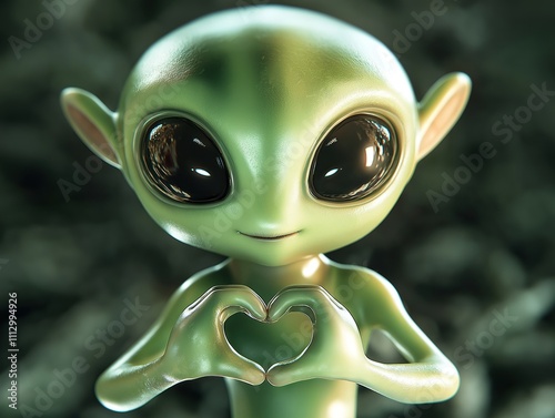 Cute green alien forms heart shape with hands. Adorable little alien shows love. Friendly alien with happy expression. Possible use in kids books, cartoons, educational materials, space exploration photo